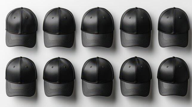 blank black baseball caps positioned against a stark white background offering a clean template for design mockups and showcasing versatility in fashion accessories