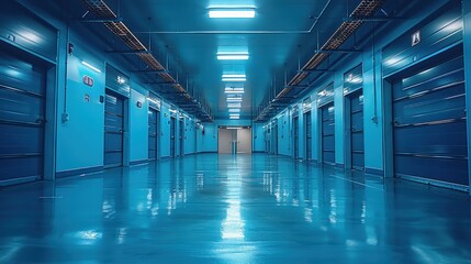 Fototapeta premium A vibrant blue corridor lined with storage units illuminated by bright overhead lights at a modern facility. Generative AI