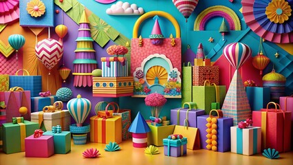 Fototapeta premium Colorful Shopping Bags in 3D Paper Art Style with Decorative Elements for Vibrant Retail Displays