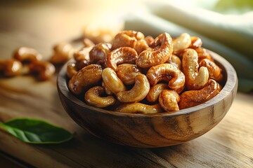 A close-up cashew nut in bowl on table. 