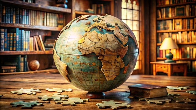 A weathered globe resting on a wooden table amidst scattered puzzle pieces and a closed book, suggesting a journey of discovery and the pursuit of knowledge.