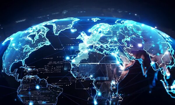 Digital world map with glowing connections video animation. Global network animated footage HD clip motion graphics. Communication links across continent. Cyber connectivity concept