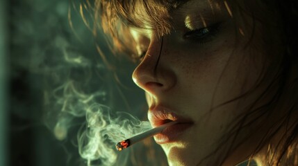 Fototapeta premium Woman smoking a cigarette in dim light