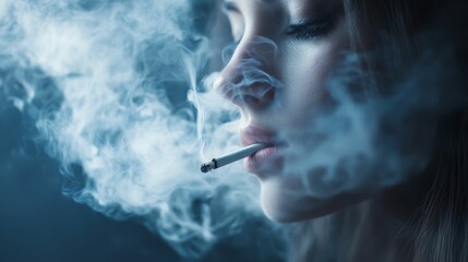 Fototapeta premium Woman smoking cigarette with dramatic smoke, conceptual image for addiction, unhealthy habits