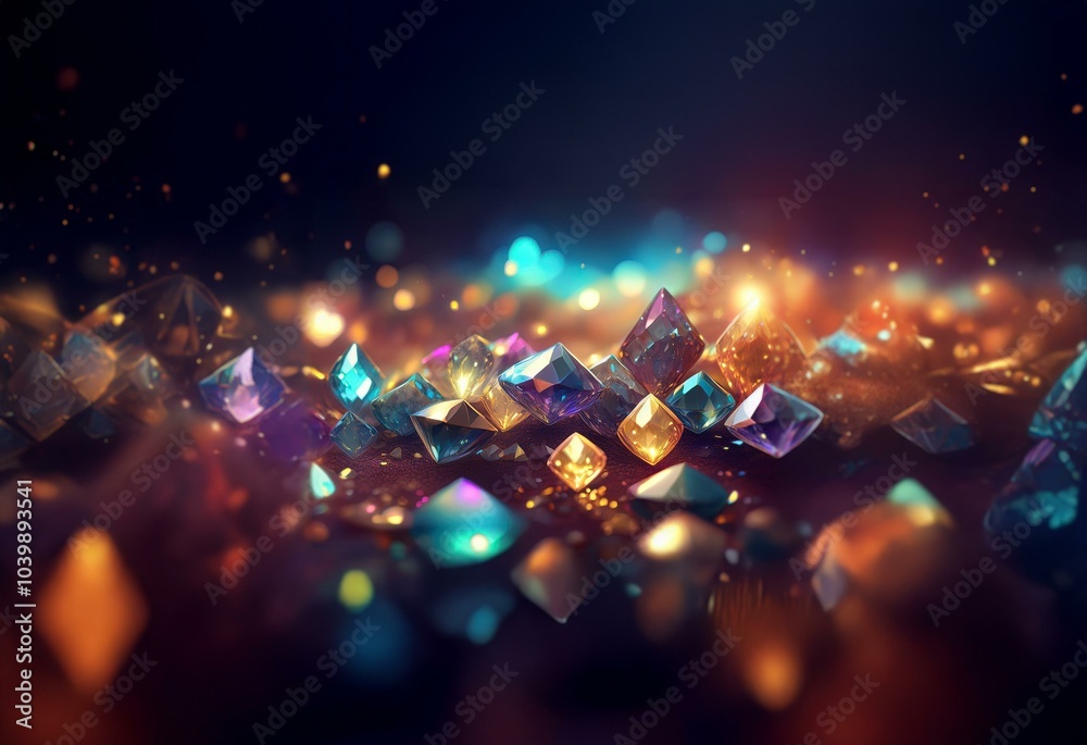 Poster a cluster of colorful, geometric gems with a glowing, glittering effect on a dark background.