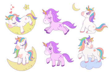 Cute collection of unicorn variety of poses and pony collection with magic items, Cartoon fantasy style, Unicorn hand drawn doodles, Vector design illustration. © wenich