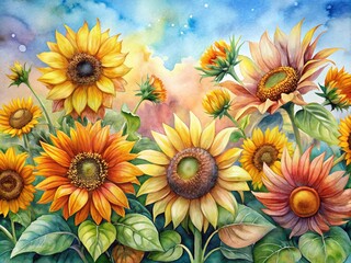 Obraz premium Colorful Watercolor Sunflower Botanical Illustration in Panoramic View for Nature Lovers and Art Enthusiasts