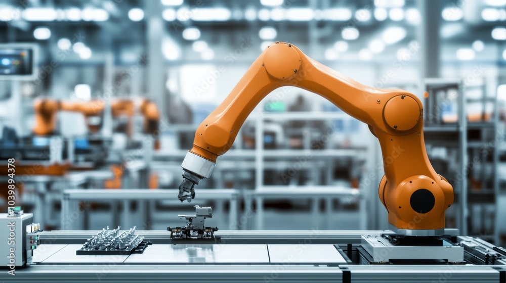 Poster A futuristic robotic arm assembling intricate components on a high-tech assembly line, clean and orderly industrial setting, Industrial style