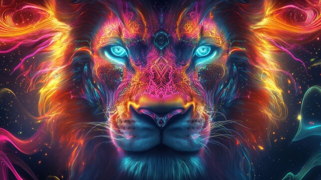 Vibrant Neon Lion Portrait with Glowing Eyes and Abstract Patterns in a Cosmic Fantasy Setting