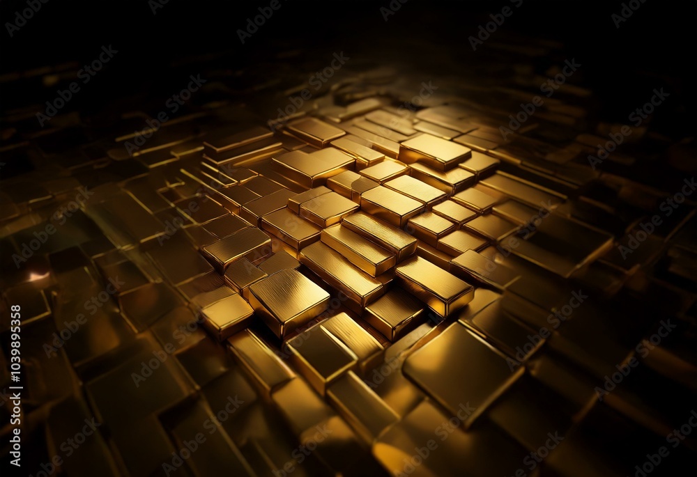 Poster A collection of gold bars stacked in a pattern, illuminated by a light source from above.