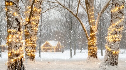 Illuminated trees and cabin in a snowy forest