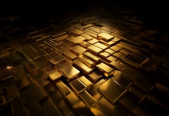 Obraz premium A collection of gold bars stacked in a pattern, illuminated by a light source from above.