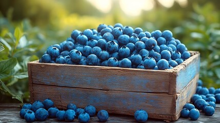 Wooden box overflowing with vibrant blueberries on a rustic table set against a green field on a sunny day leaving ample room for text