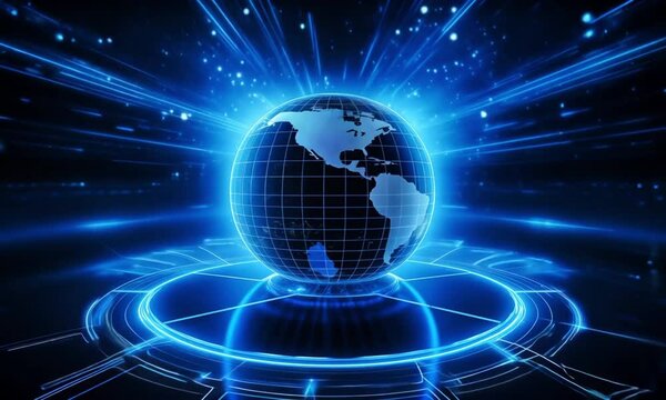 Digital globe with radiant blue light beams video animation. VR Earth representation animated footage HD clip seamless motion graphics. Advanced technology and connectivity concept