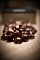 Chestnuts freshly picked in autumn in Candelario, presented on wood, still life