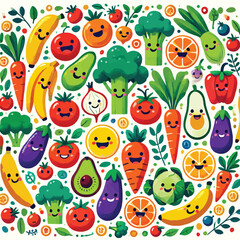 cartoon of various smiling vegetable and fruit characters