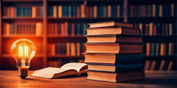 A glowing lightbulb, a stack of books, and an open book on a wooden table, with a blurred bookshelf in the background.