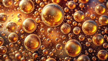 View of sparkling soda bubbles texture with golden reflections