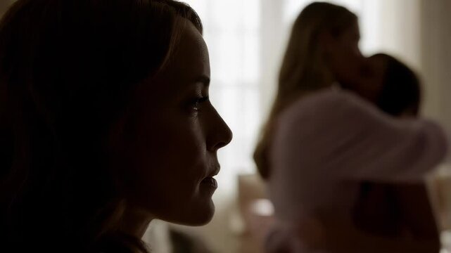 Sad Lesbian woman feels the pain of betrayal from her girlfriend. Emotional scene showing heartbreak and romantic betrayal. The concept of divorce and infidelity.