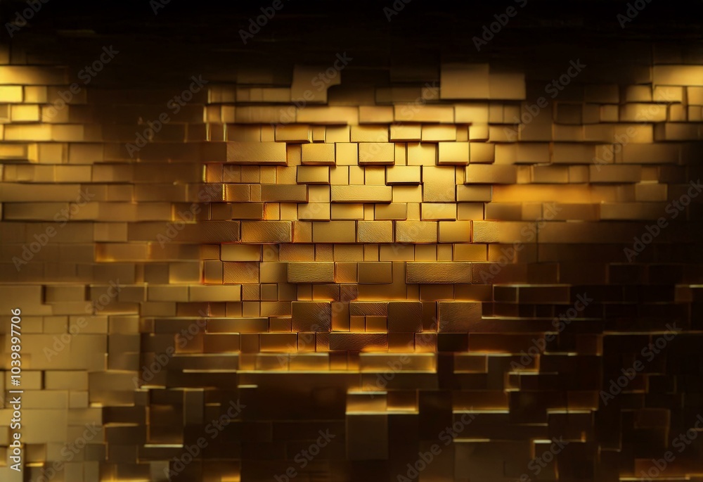 Poster a gold-toned wall of offset square blocks lit from above.