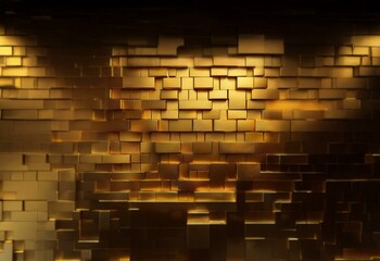 A gold-toned wall of offset square blocks lit from above.
