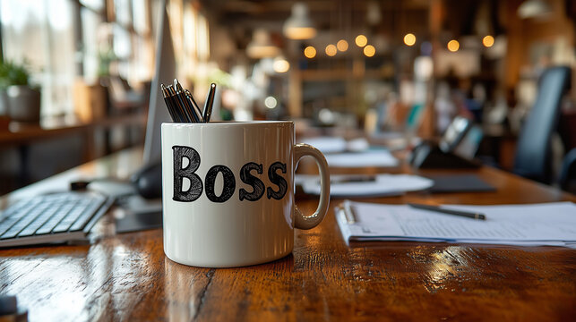 A mug with "Boss", placed a computer office with papers