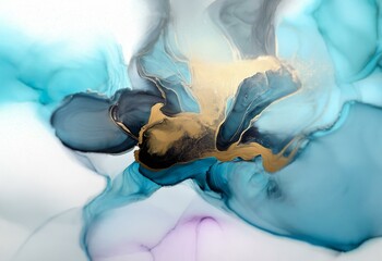 Abstract painting with blue, black, and gold swirls and splashes.