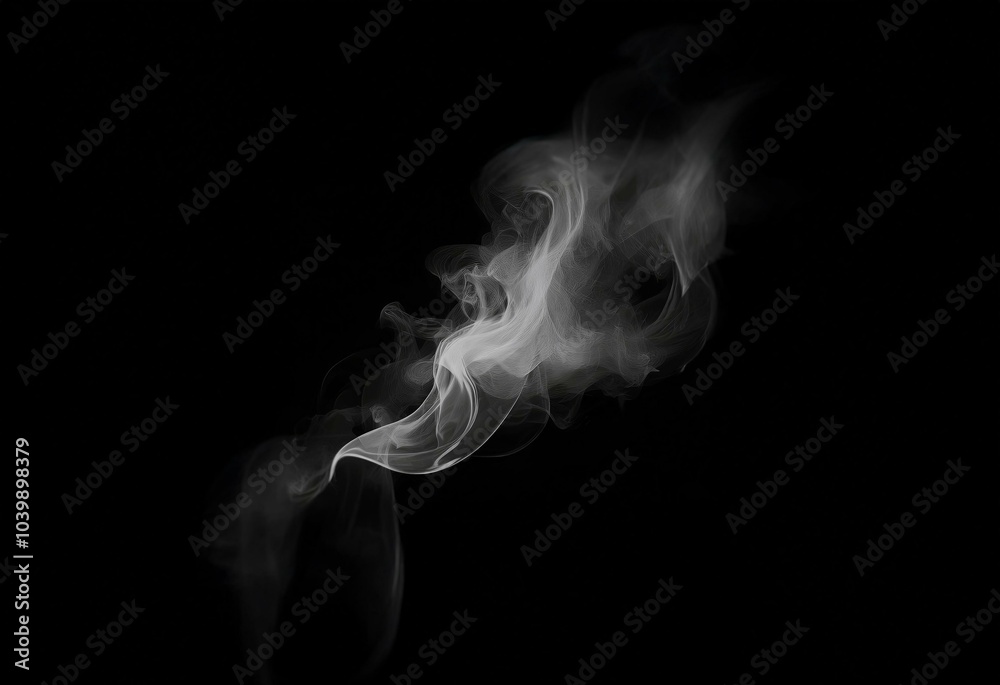 Poster a wisp of white smoke flows and curls on a black background.