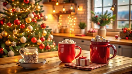 Fototapeta premium Cozy Christmas Kitchen with Marshmallows and Red Mugs - Aerial Photography