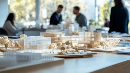 A detailed architectural model sits on a table, surrounded by people engaged in discussion, showcasing a collaborative design environment.