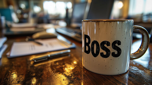 A mug with "Boss", placed a computer office with papers