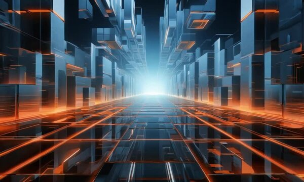 Digital corridor video animation. Futuristic blue structures with vibrant orange lines animated footage HD clip seamless motion graphics. Journey through digital data stream tech concept