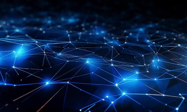 Abstract network of blue polygonal shapes video animation. Digital connectivity nodes and lines animated footage HD clip seamless motion graphics. Dark blue abstraction tech concept