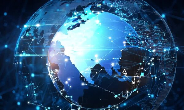 Digital Earth with glowing network connections video animation. Interconnected nodes network grid rotating animated footage HD clip seamless motion graphics. Global communication concept