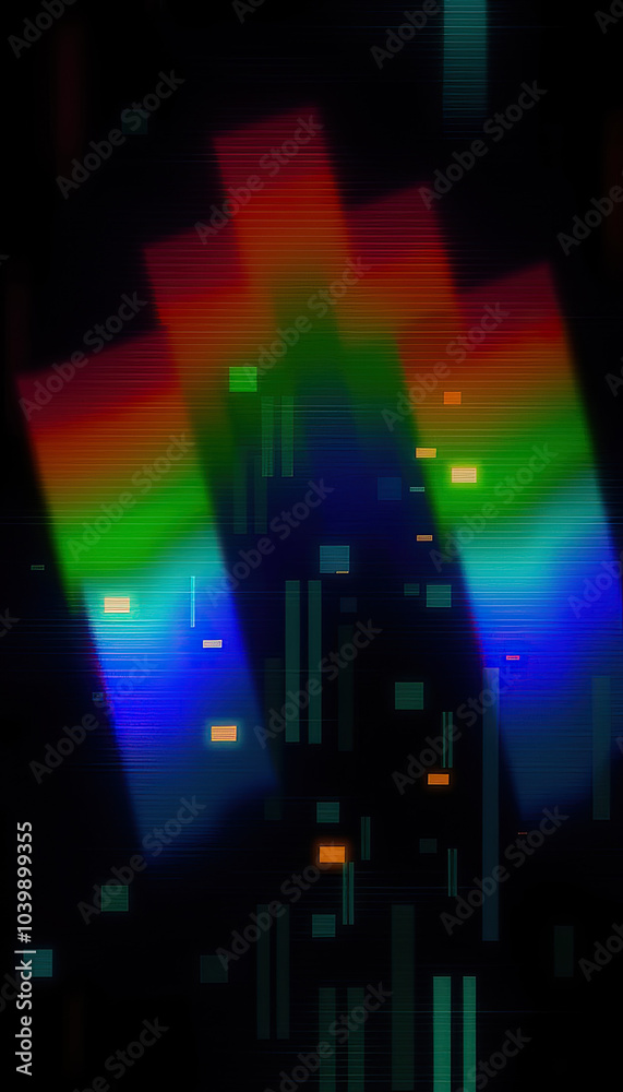 Poster abstract rainbow colored geometric shapes with glowing digital light glitch effects background verti