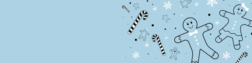 Creative Christmas and New year design banner template. Gingerbread, candy canes and snowflakes texture. Decorative background template for card or banner designs. 