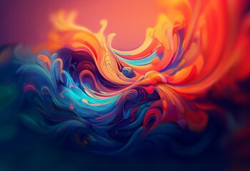 Abstract swirling colors in orange, red, blue, and teal create a dynamic and vibrant visual.