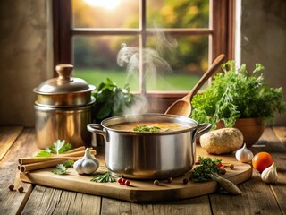 Cozy Kitchen with Bubbling Chicken Soup - Minimalist Photography for Warmth and Comfort