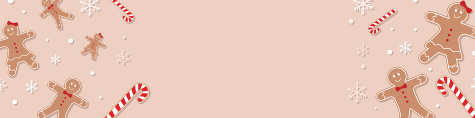 Creative Christmas and New year design banner template. Gingerbread, candy canes and snowflakes texture. Decorative background template for card or banner designs. 