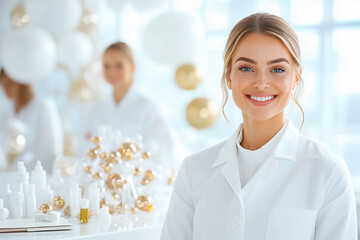 A diverse group of students in lab coats smiling and engaging in activities related to skincare formulation