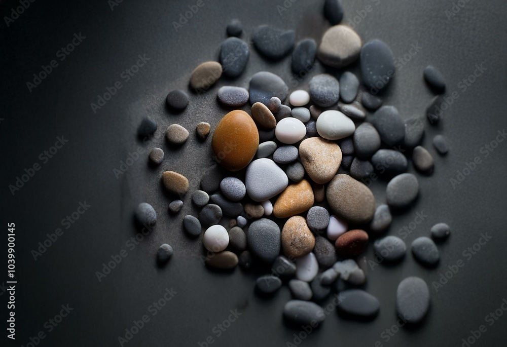 Aufkleber Smooth river rocks of various sizes and colors lay on a dark background.
