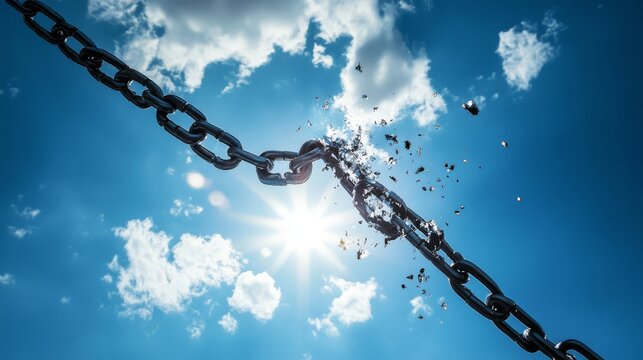 Braking and setting free concept. Chain is broken apart against blue sky representing freedom and independence.