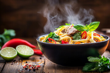 Authentic Vietnamese Pho Soup with Fresh Herbs, Beef, and Noodles - Steaming Hot Traditional Dish