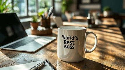 A mug with "Boss", placed a computer office with papers