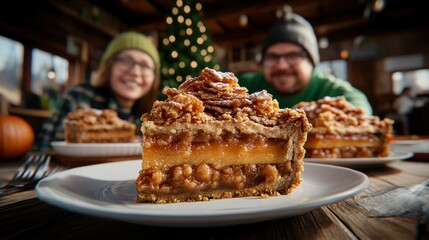 Family enjoying slices of warm pumpkin pie after a homemade dinner, a sweet ending to a delicious meal Gather around the table and share this classic autumn dessert The perfect way to celebrate the