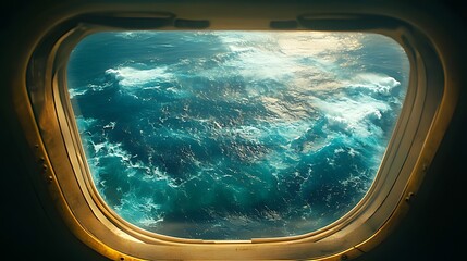 An airplane window view of the vast ocean with whitecaps and blue water.