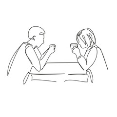 One continuous single drawing line art flat doodle person, cafe, man, woman, drink, hot drink, couple, happy, young, adult. Isolated image hand draw contour on a white background