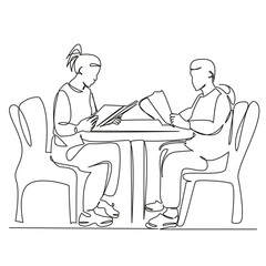 One continuous single drawing line art flat doodle menu, person, man, woman, indoor, togetherness, adult, eatery. Isolated image hand draw contour on a white background