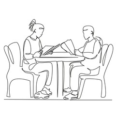 One continuous single drawing line art flat doodle menu, person, man, woman, indoor, togetherness, adult, eatery. Isolated image hand draw contour on a white background