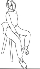 One continuous single drawing line art flat doodle woman, sitting, stool, lifestyle, chair, person, bar, indoor, stylish, trendy. Isolated image hand draw contour on a white background